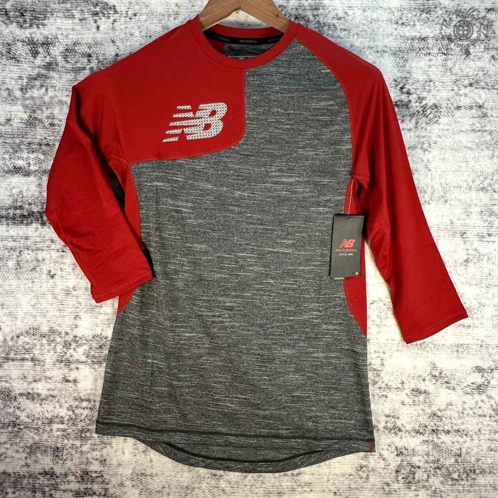 NWT New Balance Asymmetric 2.0 Right Baseball Tee 3/4 Sleeve Red & Grey‎ Men's S